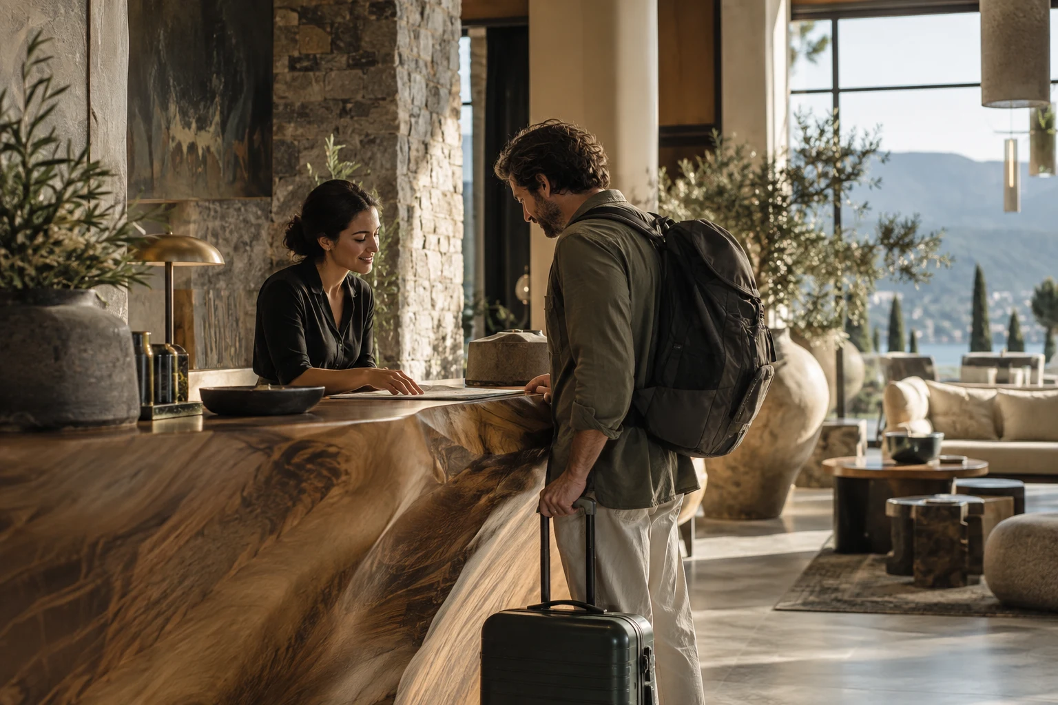 A guest being welcomed at a boutique hotel reception